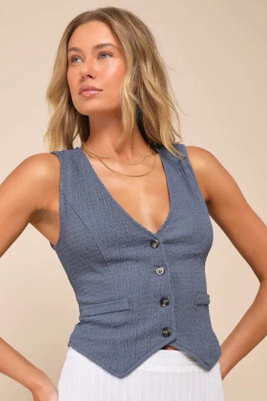 True Charm Dark Blue Textured Lace-Up Sleeveless Vest Top sold by Lulus
