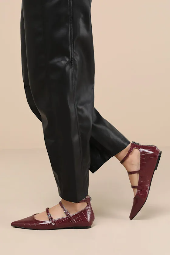 Paysen Burgundy Crocodile-Embossed Ankle Strap Ballet Flats sold by Lulus