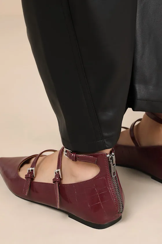 Paysen Burgundy Crocodile-Embossed Ankle Strap Ballet Flats sold by Lulus product image thumbnail 2