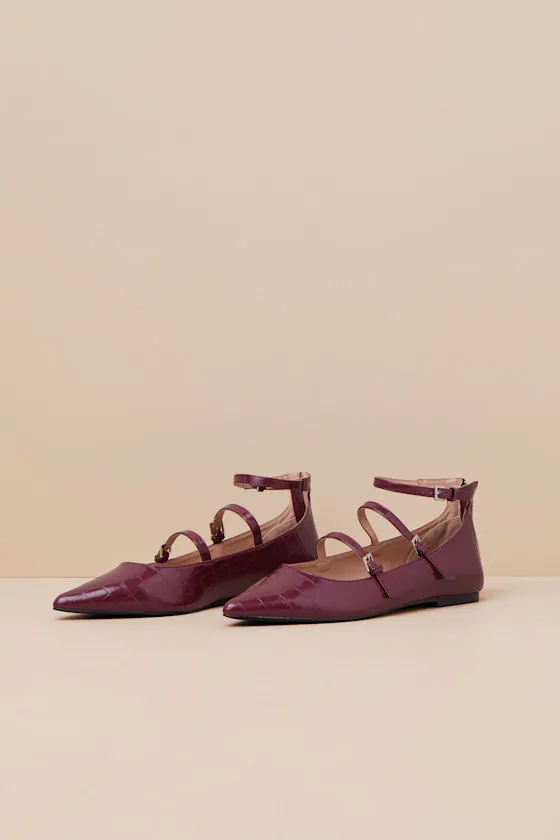 Paysen Burgundy Crocodile-Embossed Ankle Strap Ballet Flats sold by Lulus product image thumbnail 3