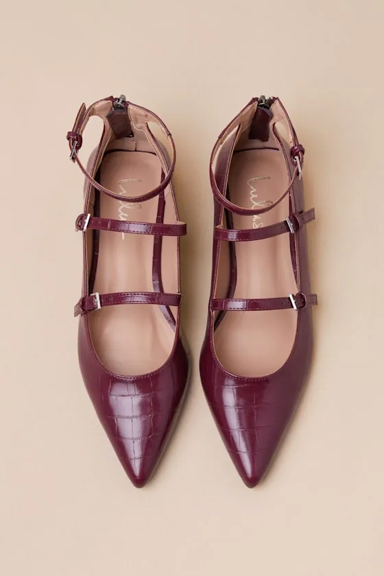 Paysen Burgundy Crocodile-Embossed Ankle Strap Ballet Flats sold by Lulus product image thumbnail 4