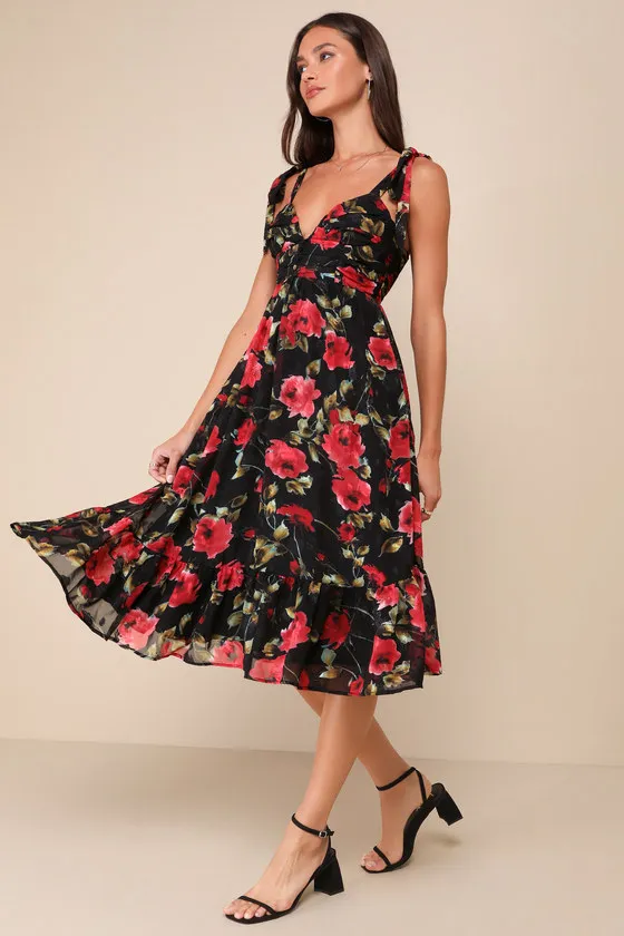Lush Loveliness Black Floral Jacquard Tie-Strap Midi Dress sold by Lulus
