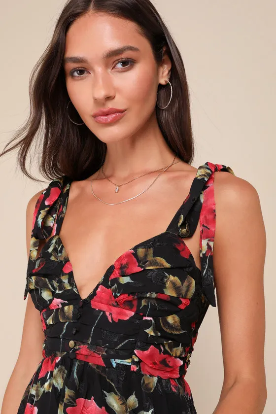 Lush Loveliness Black Floral Jacquard Tie-Strap Midi Dress sold by Lulus product image thumbnail 2