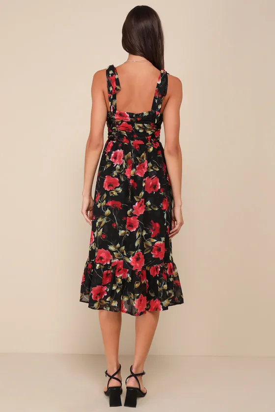 Lush Loveliness Black Floral Jacquard Tie-Strap Midi Dress sold by Lulus product image thumbnail 3