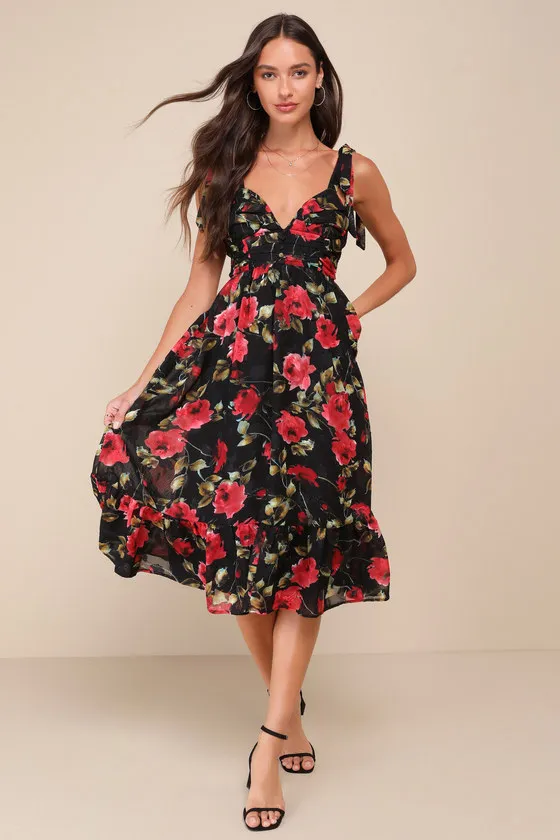 Lush Loveliness Black Floral Jacquard Tie-Strap Midi Dress sold by Lulus product image thumbnail 4
