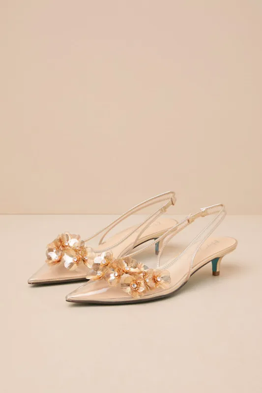 SB-Robin Gold Vinyl Floral Applique Slingback Kitten Heel Pumps sold by Lulus