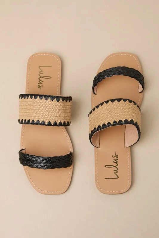 Minka Black Raffia Woven Slide Sandals sold by Lulus