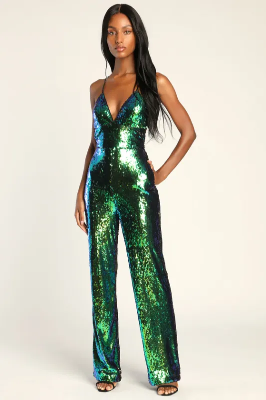 Fierce Shine Iridescent Green Sequin Lace-Up Jumpsuit sold by Lulus
