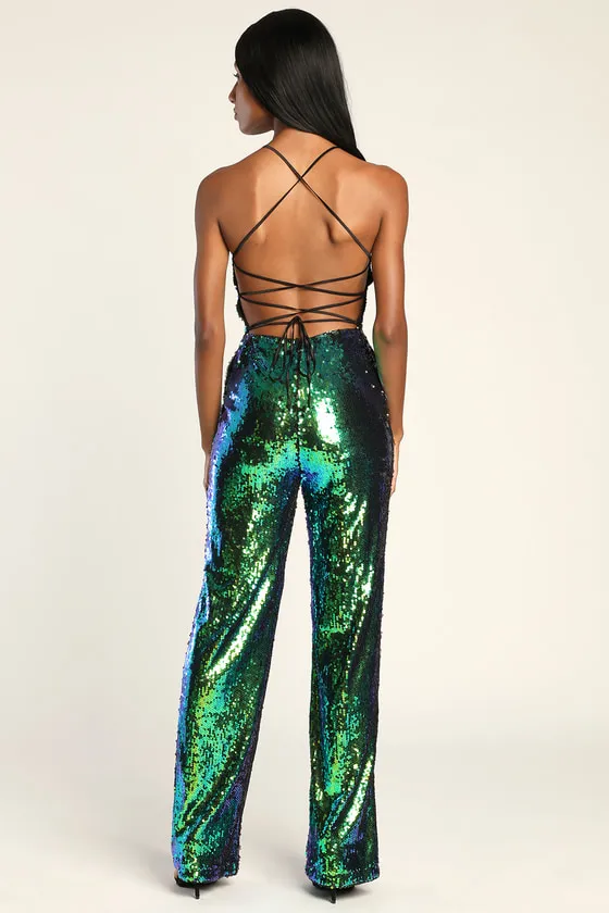 Fierce Shine Iridescent Green Sequin Lace-Up Jumpsuit sold by Lulus product image thumbnail 2