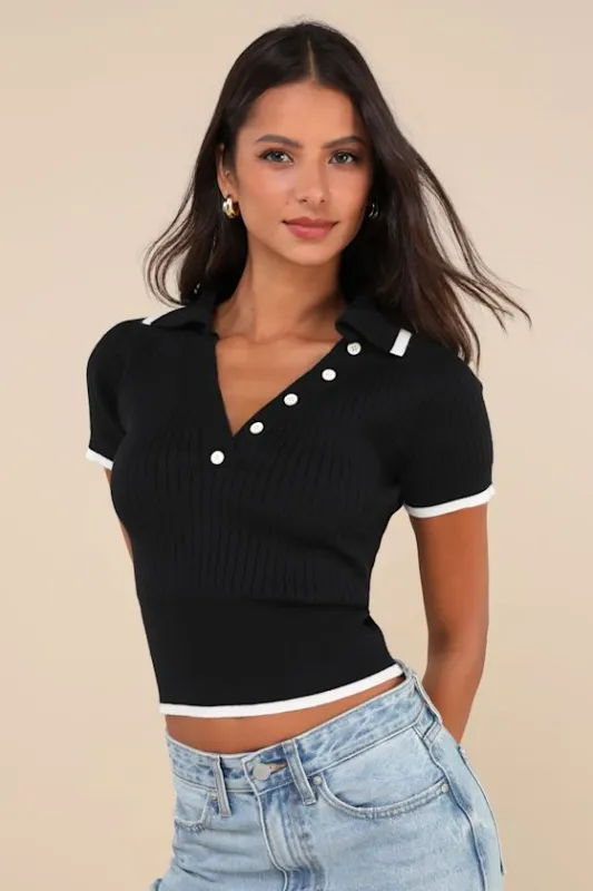 Posh Existence Black and White Collared Short Sleeve Sweater Top sold by Lulus