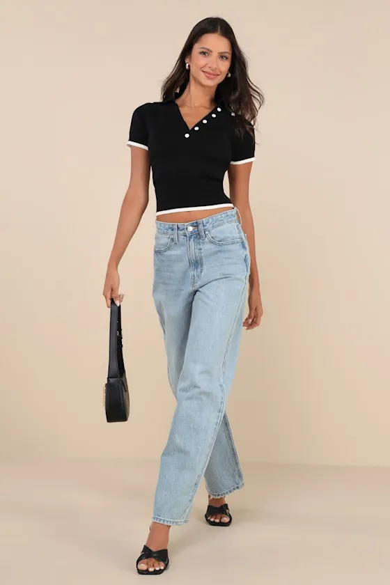 Posh Existence Black and White Collared Short Sleeve Sweater Top sold by Lulus product image thumbnail 2