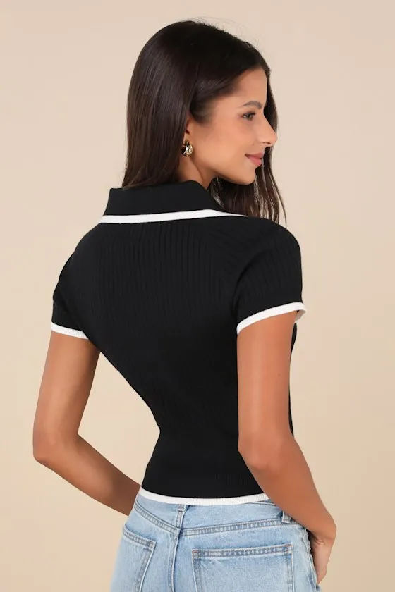 Posh Existence Black and White Collared Short Sleeve Sweater Top sold by Lulus product image thumbnail 3
