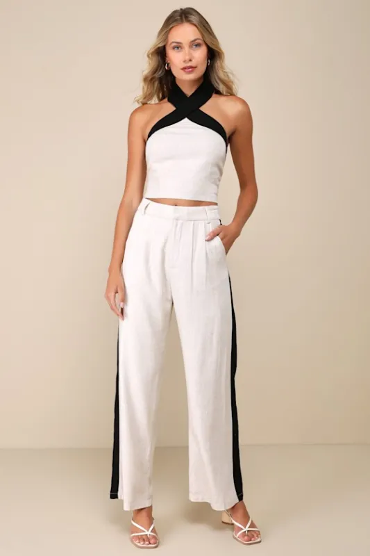 Exceedingly Cool Beige Color Block Linen Straight Leg Pants sold by Lulus