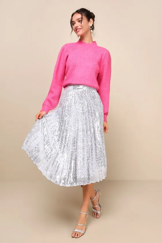 Glamorous Occasion Silver Sequin Pleated Midi Skirt sold by Lulus