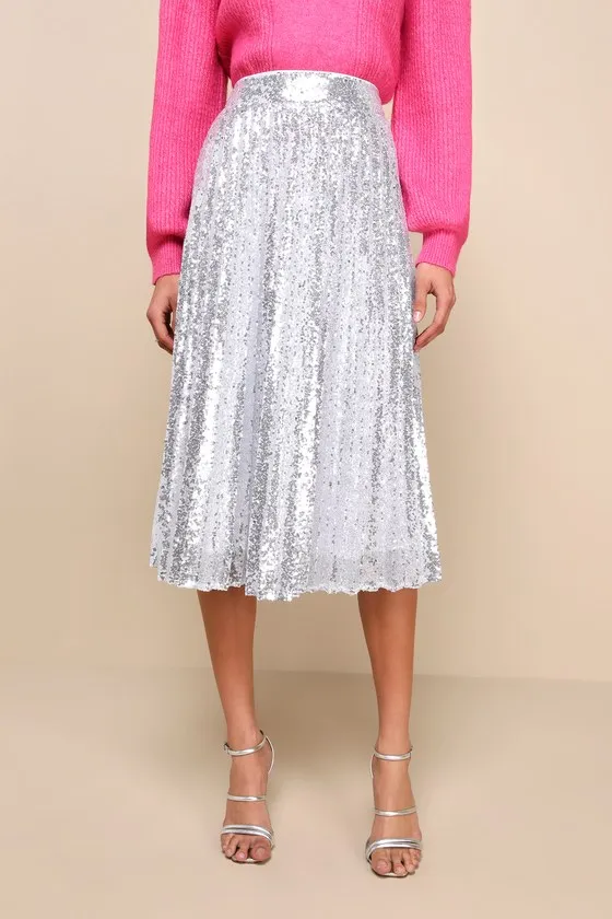 Glamorous Occasion Silver Sequin Pleated Midi Skirt sold by Lulus product image thumbnail 2
