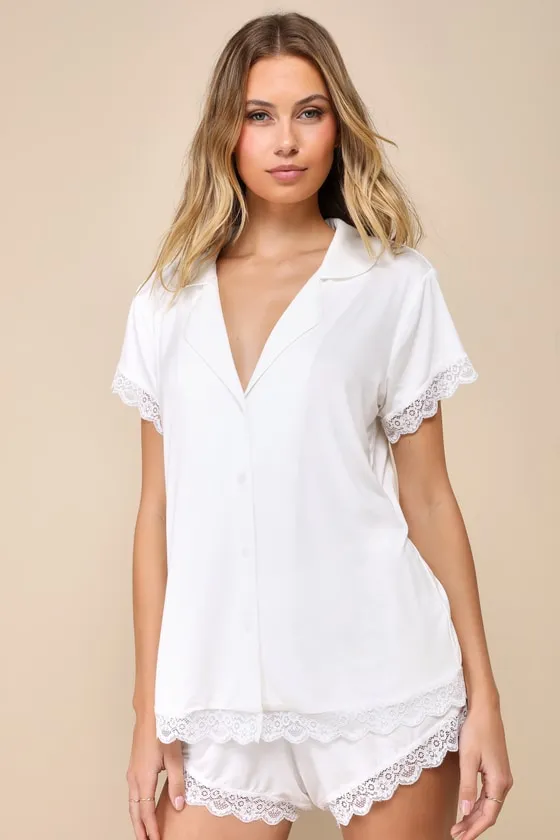 Snuggly Love Ivory Short Sleeve Lace Two-Piece Pajama Set sold by Lulus product image thumbnail 2