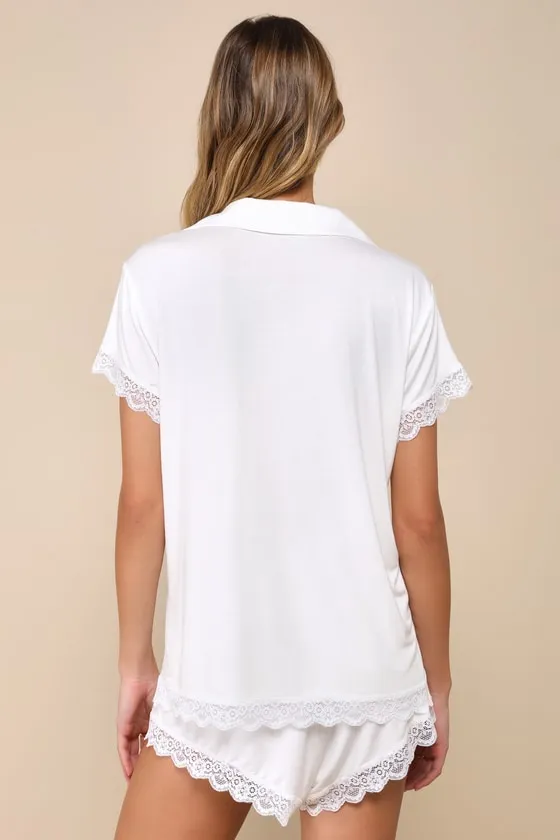 Snuggly Love Ivory Short Sleeve Lace Two-Piece Pajama Set sold by Lulus product image thumbnail 3