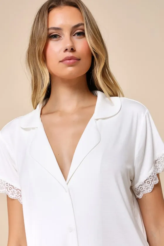 Snuggly Love Ivory Short Sleeve Lace Two-Piece Pajama Set sold by Lulus product image thumbnail 4