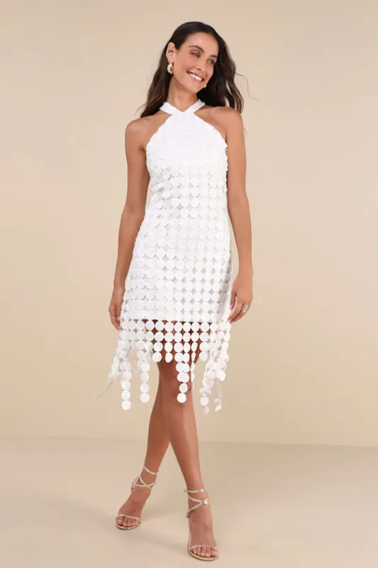 Flirtatious Fun White 3D Dot Halter Fringe Midi Dress sold by Lulus