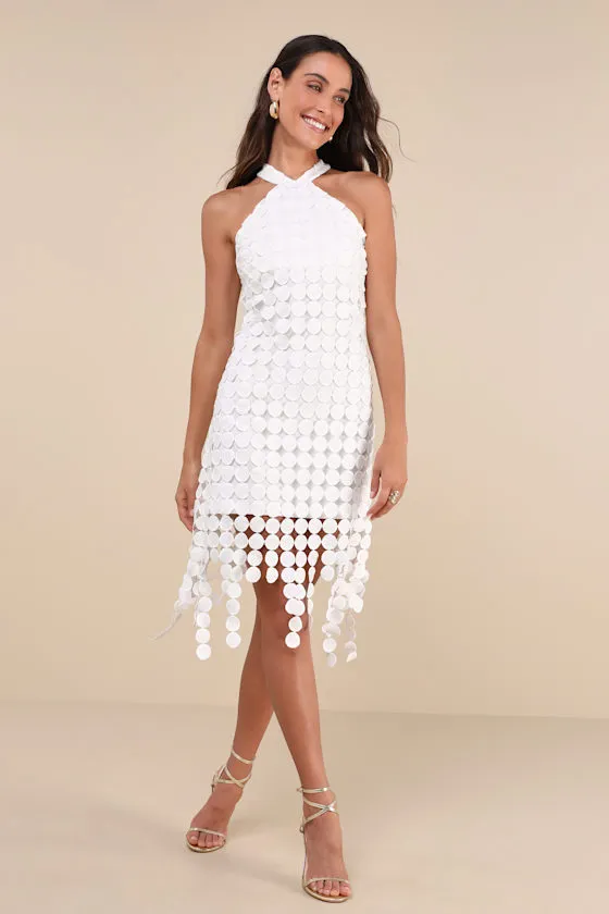 Flirtatious Fun White 3D Dot Halter Fringe Midi Dress sold by Lulus