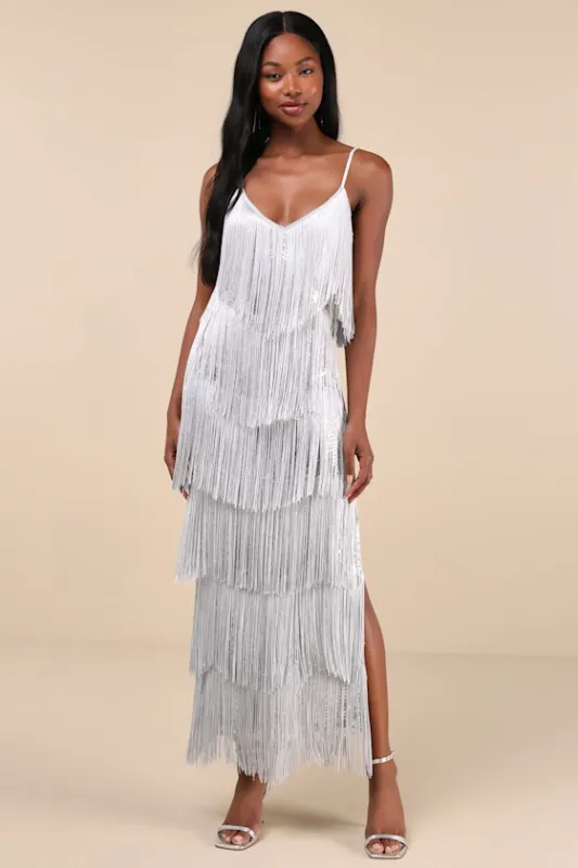 Get in the Groove Silver Sequin Fringe Bodycon Maxi Dress made by Lulus