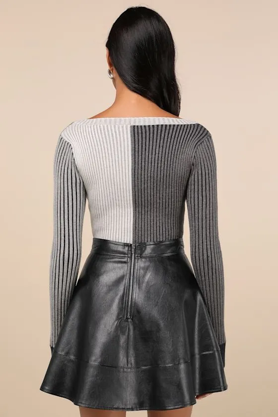 Mod Cutie Grey Color Block Ribbed Long Sleeve Bodysuit sold by Lulus product image thumbnail 2