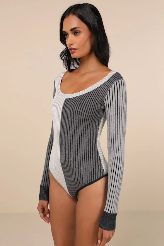 Mod Cutie Grey Color Block Ribbed Long Sleeve Bodysuit sold by Lulus product image thumbnail 4