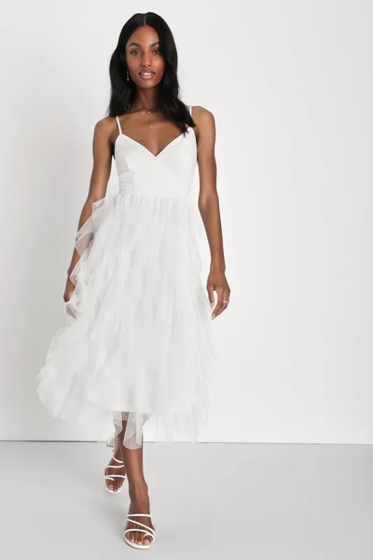Breathtaking Essence White Swiss Dot Mesh Ruffled Midi Dress sold by Lulus