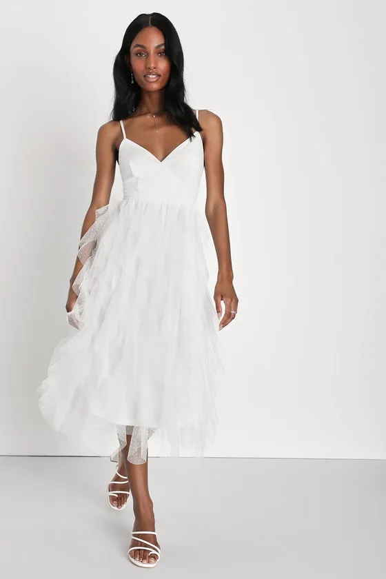 Breathtaking Essence White Swiss Dot Mesh Ruffled Midi Dress sold by Lulus