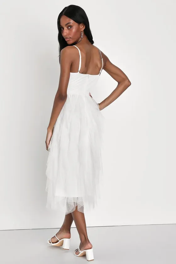 Breathtaking Essence White Swiss Dot Mesh Ruffled Midi Dress sold by Lulus product image thumbnail 4