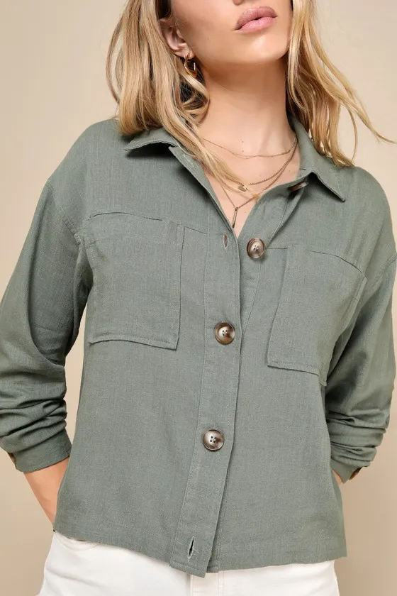 Everyday Enjoyment Olive Green Lightweight Linen Jacket sold by Lulus product image thumbnail 4