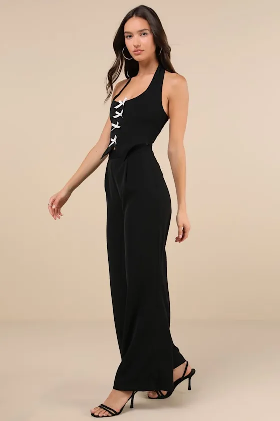 Trendy Perspective Black Bow Cutout Halter Jumpsuit sold by Lulus product image thumbnail 3