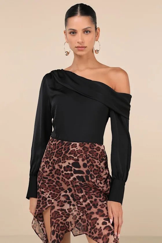 Classy Mood Black Satin One-Shoulder Long Sleeve Top sold by Lulus