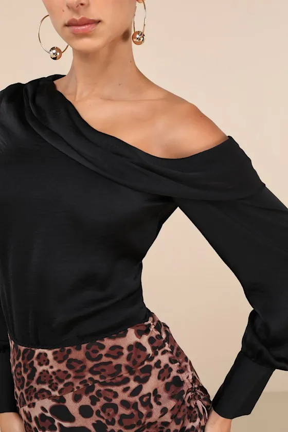 Classy Mood Black Satin One-Shoulder Long Sleeve Top sold by Lulus product image thumbnail 4