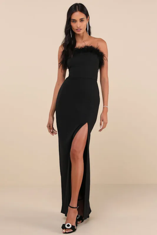Absolutely Fabulous Black Feather Trim Strapless Column Maxi sold by Lulus