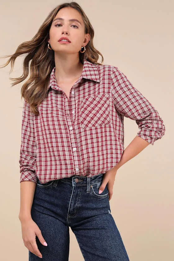 Classic Attitude Red Plaid Collared Long Sleeve Button-Up Top sold by Lulus