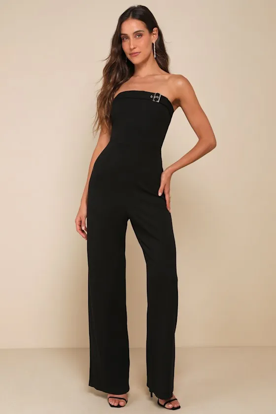 Deeply Sophisticated Black Strapless Wide-Leg Jumpsuit sold by Lulus
