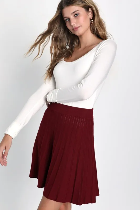 Chic Vision Burgundy Pleated Sweater Mini Skater Skirt sold by Lulus