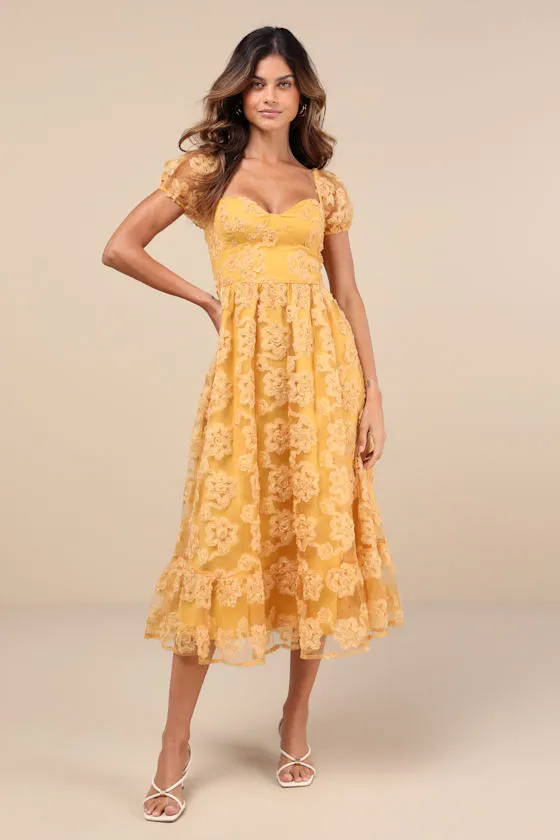 Notable Elegance Yellow Mesh Floral Applique Bustier Midi Dress sold by Lulus
