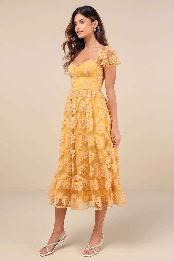 Notable Elegance Yellow Mesh Floral Applique Bustier Midi Dress sold by Lulus product image thumbnail 4