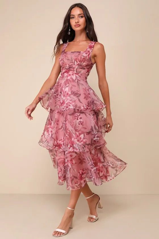 Dramatic Glamour Mauve Floral Organza Tiered Midi Dress sold by Lulus