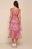 Dramatic Glamour Mauve Floral Organza Tiered Midi Dress sold by Lulus