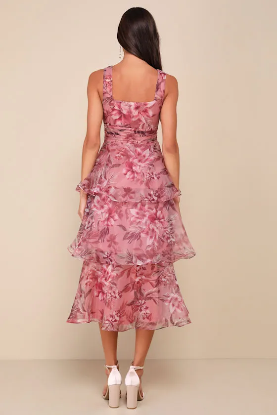 Dramatic Glamour Mauve Floral Organza Tiered Midi Dress sold by Lulus product image thumbnail 2