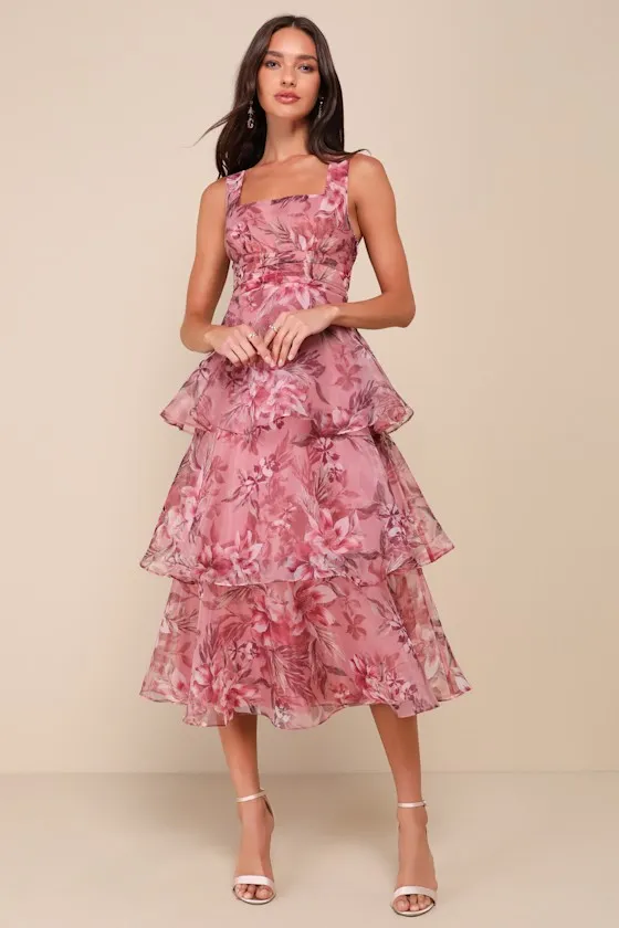 Dramatic Glamour Mauve Floral Organza Tiered Midi Dress sold by Lulus product image thumbnail 4