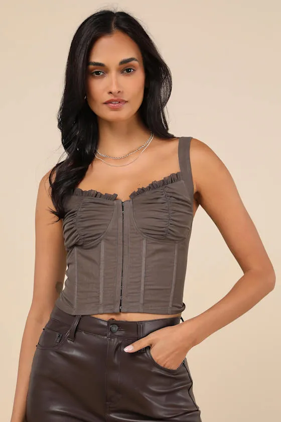 Coveted Flirt Grey Mesh Bustier Crop Top sold by Lulus