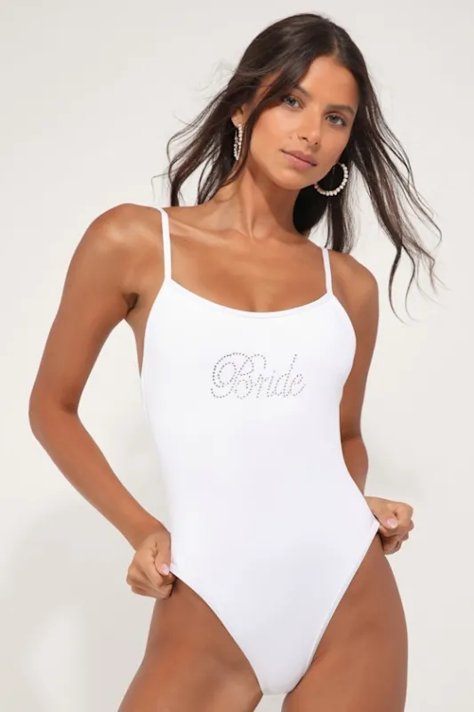 Star White Scoop Neck Bride Rhinestone One-Piece Swimsuit made by Dippin Daisy’s