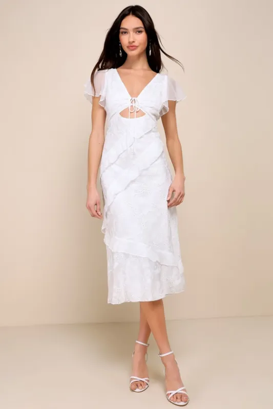 Charming Whimsy White Eyelet Ruffled Tie-Back Midi Dress sold by Lulus