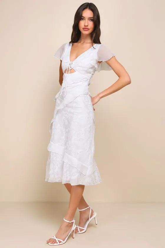 Charming Whimsy White Eyelet Ruffled Tie-Back Midi Dress sold by Lulus product image thumbnail 3