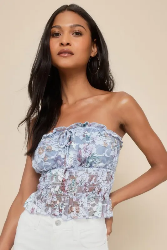Lovely Sweetness Light Blue Floral Lace Strapless Smocked Top sold by Lulus
