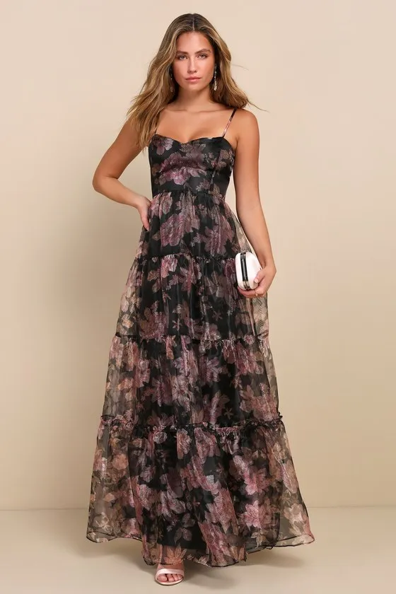 Exclusive Glamour Black Floral Organza Tiered Maxi Dress sold by Lulus